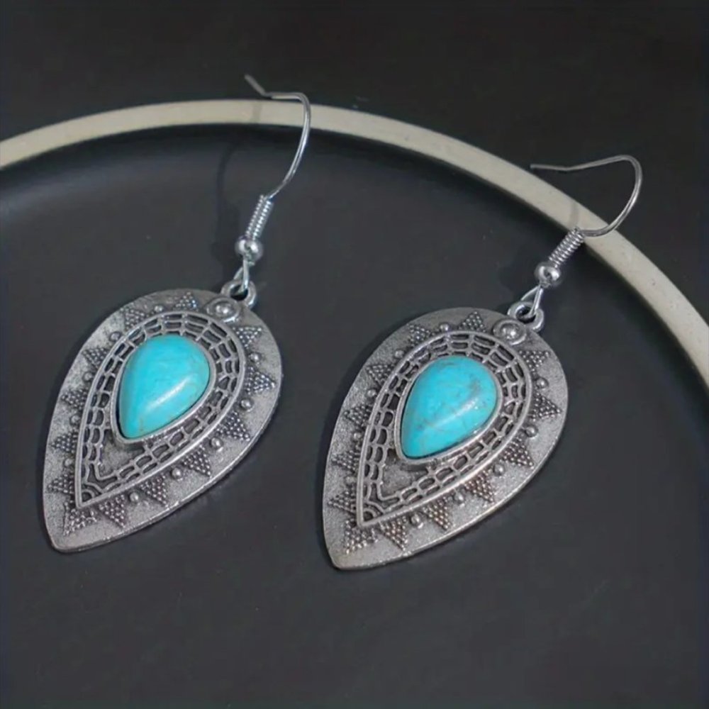 Teardrop Shape Turquoise Inlaid Silvery Dangle Earrings